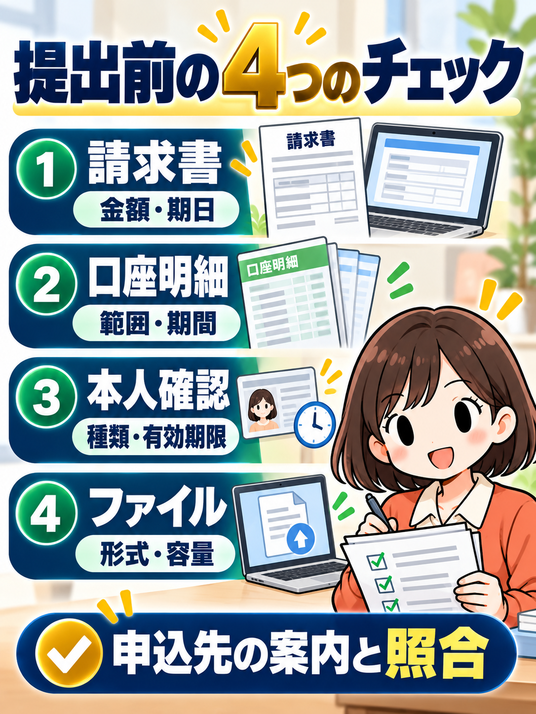 提出前に請求書の金額と期日、明細の範囲と期間、本人確認の種類と期限、ファイル形式と容量を確認する。