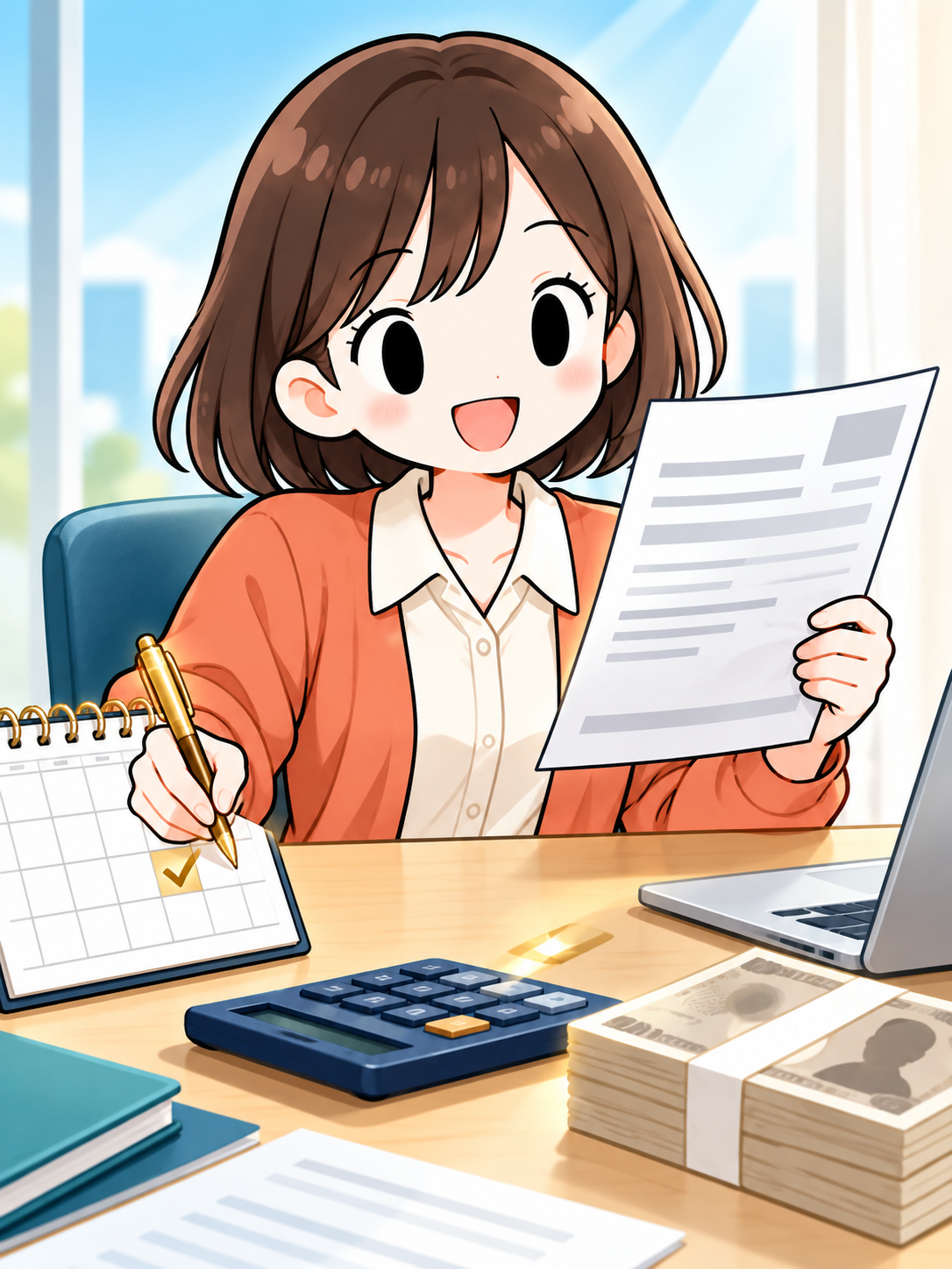請求書と予定表を確認し、入金待ちの資金について考える担当者